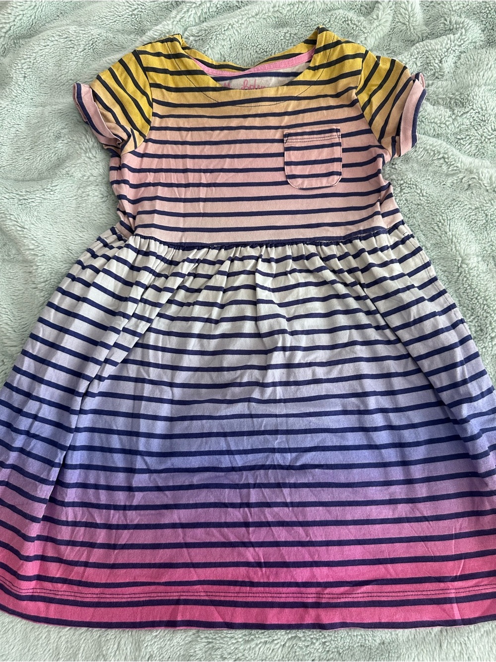 Mini Boden Girls Striped Gradient Short-Sleeve Dress - Pink, Yellow, Blue